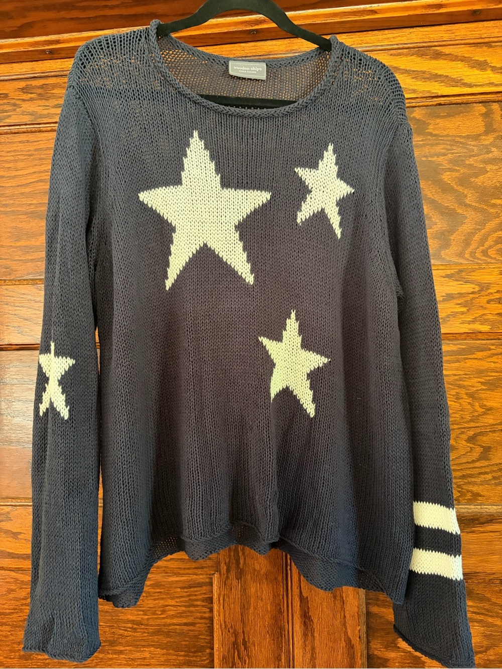 Wooden Ships Navy Open-Weave Crewneck Sweater with Ivory Star Motif